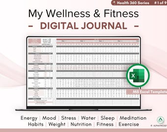 Wellness and Fitness Tracker, Digital Journal, Physical, Mental, and Emotional Health Tracker, Excel Spreadsheet, Customizable Template