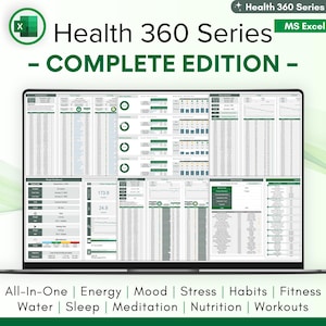 Health 360 Weekly Journal - Wellness, Wellbeing, Habits, Fitness, Nutrition, Workouts - Dashboards, Excel Spreadsheet, Customizable Template