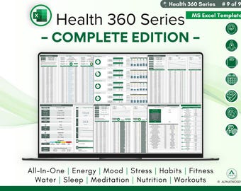 Health 360 Weekly Journal - Wellness, Wellbeing, Habits, Fitness, Nutrition, Workouts - Dashboards, Excel Spreadsheet, Customizable Template