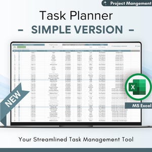 Simple Task Planner Spreadsheet - Excel Template, Project Management, Productivity, To do list, Business, Daily, Weekly, Monthly