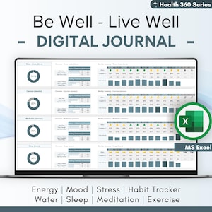 Health Journal - Wellness, Wellbeing, and Habit Tracker - Automated Dashboards, Digital Download, Excel Spreadsheet, Customizable Template