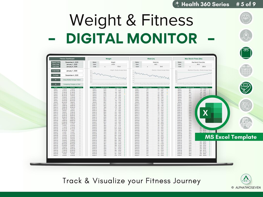 Fitness and Weight Transformation Excel Journal, Automated Dashboards ...