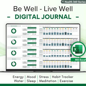 Health Journal - Wellness, Wellbeing, and Habit Tracker - Automated Dashboards, Digital Download, Excel Spreadsheet, Customizable Template