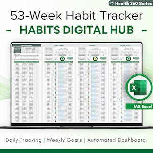 Daily Habit Tracker, 53 Week Undated Digital Journal, Automated Dashboards, Digital Download, Excel Spreadsheet, Customizable Template