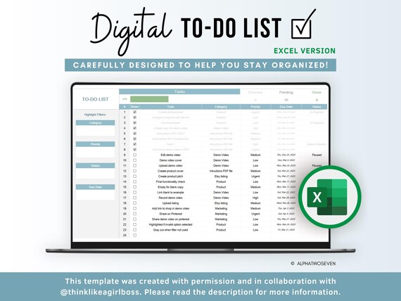 Excel To-Do List Template: Task Planner & Tracker (Digital Download)