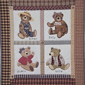 May include: A quilt pattern titled "Country Bears" featuring four bear characters: Elmer, Dolly, Muffin, and Willie. Each bear is depicted in a different outfit. The pattern includes three projects and is from Country Appliques.