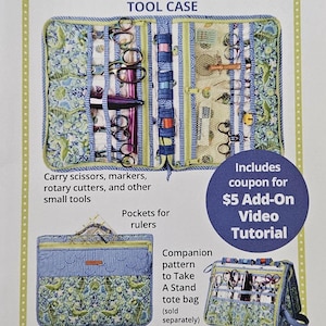 May include: A sewing pattern for a Running With Scissors tool case featuring a blue and green seahorse print fabric. The image displays the open case with various pockets, a closed flat view, and a standing view, along with text descriptions.