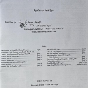 May include: A printed book titled "Simplified Celtic" detailing interlocking designs for quarter-inch bias tape. The cover includes the author's name, Mace B. McEligot, and the publisher's details. The book's index is also visible.