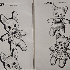May include: A vintage sewing pattern for making two plush toys. The pattern is for a pair of bunny twins, numbered 2137, and a pair of kitten twins, numbered 2045. The pattern includes detailed instructions and illustrations for sewing the toys.
