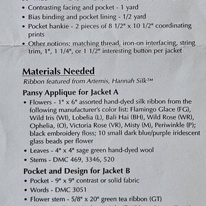 May include: A detailed sewing pattern with fabric requirements for jackets, including measurements in inches and yardage. It lists materials needed, such as silk ribbon, wool, and embroidery floss, with specific color codes and sizes for appliques and pockets.