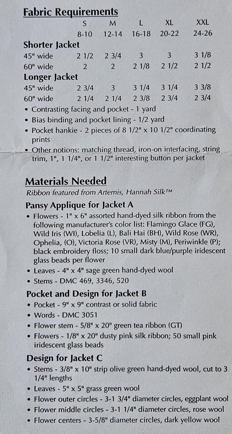 May include: A detailed sewing pattern with fabric requirements for jackets, including measurements in inches and yardage. It lists materials needed, such as silk ribbon, wool, and embroidery floss, with specific color codes and sizes for appliques and pockets.