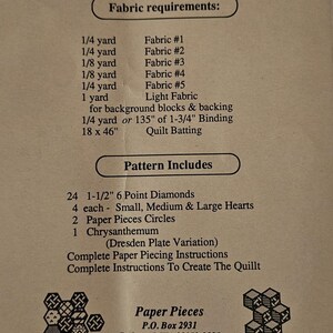 May include: A paper piecing pattern for a quilt titled "Three Block Sampler" by Paper Pieces. The pattern includes instructions to create a quilt with 6-point diamonds, hearts, and circles. The pattern requires 1/4 yard of fabric for each of five different fabrics, 1 yard of light fabric, 1/4 yard of fabric for backing, 135 inches of binding, and 18 by 46 inches of quilt batting.