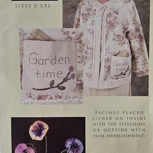 May include: A sewing pattern for a jacket with floral details. The pattern includes a jacket option with a floral print, pockets, and the text "Garden time". The pattern is from Sarah's Wardrobe, sizes S-XXL.