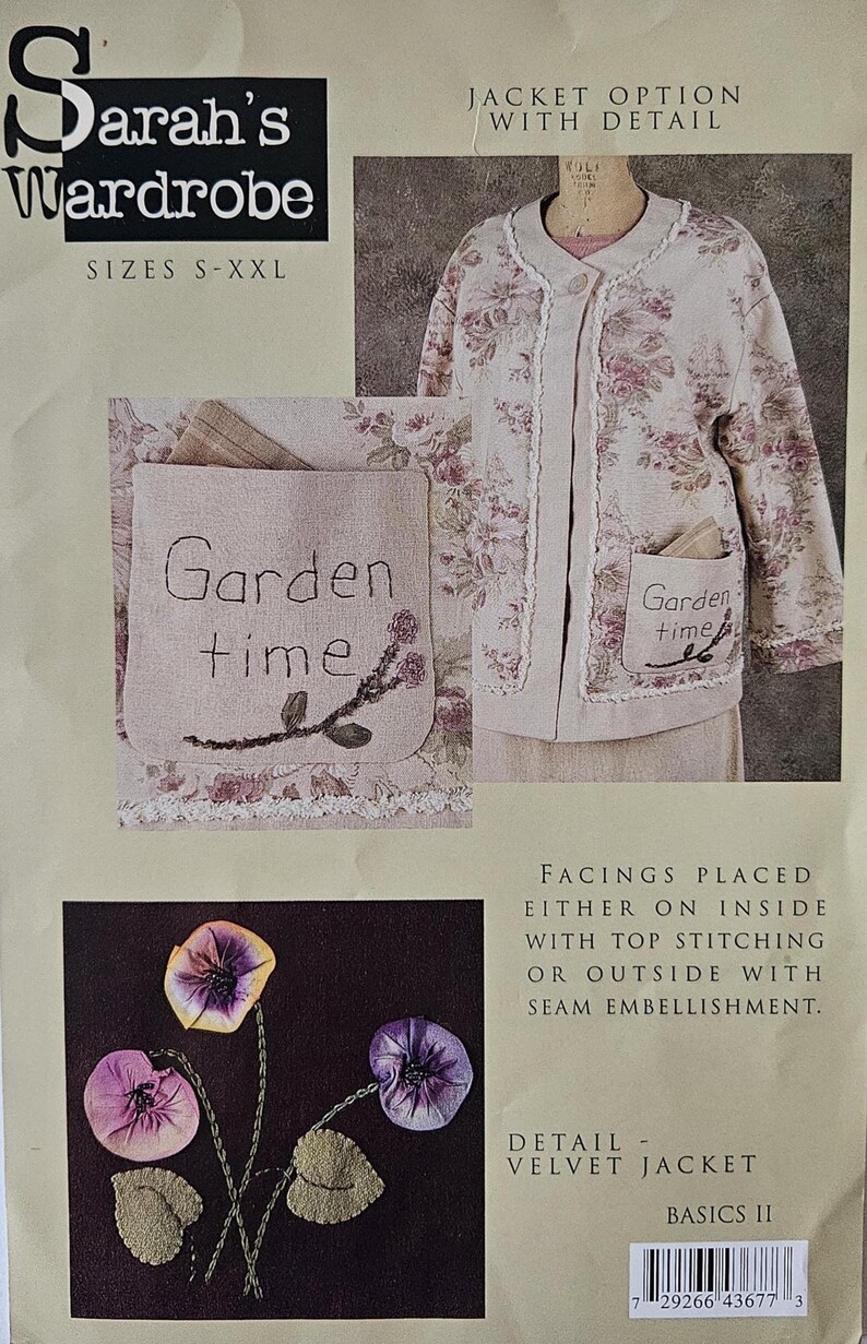 May include: A sewing pattern for a jacket with floral details. The pattern includes a jacket option with a floral print, pockets, and the text "Garden time". The pattern is from Sarah's Wardrobe, sizes S-XXL.
