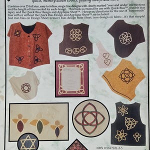 May include: A book cover displaying Celtic design patterns for quilting and applique projects. The image shows examples of finished wearable items, including tops and vests, with intricate knotwork and floral motifs. The text on the cover describes the designs and methods.