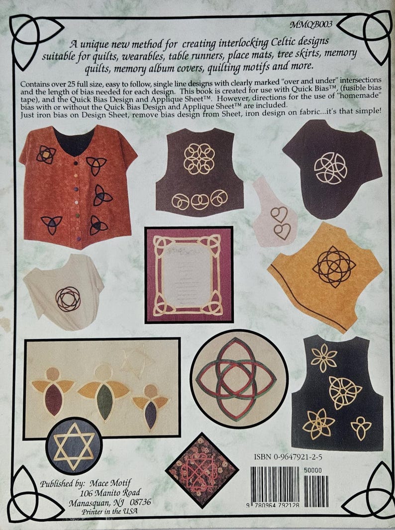May include: A book cover displaying Celtic design patterns for quilting and applique projects. The image shows examples of finished wearable items, including tops and vests, with intricate knotwork and floral motifs. The text on the cover describes the designs and methods.