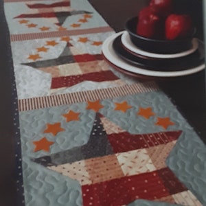 May include: A quilted table runner with a patriotic theme featuring red, white, and blue stars and stripes. The runner is decorated with orange stars and has a blue and white quilted background.