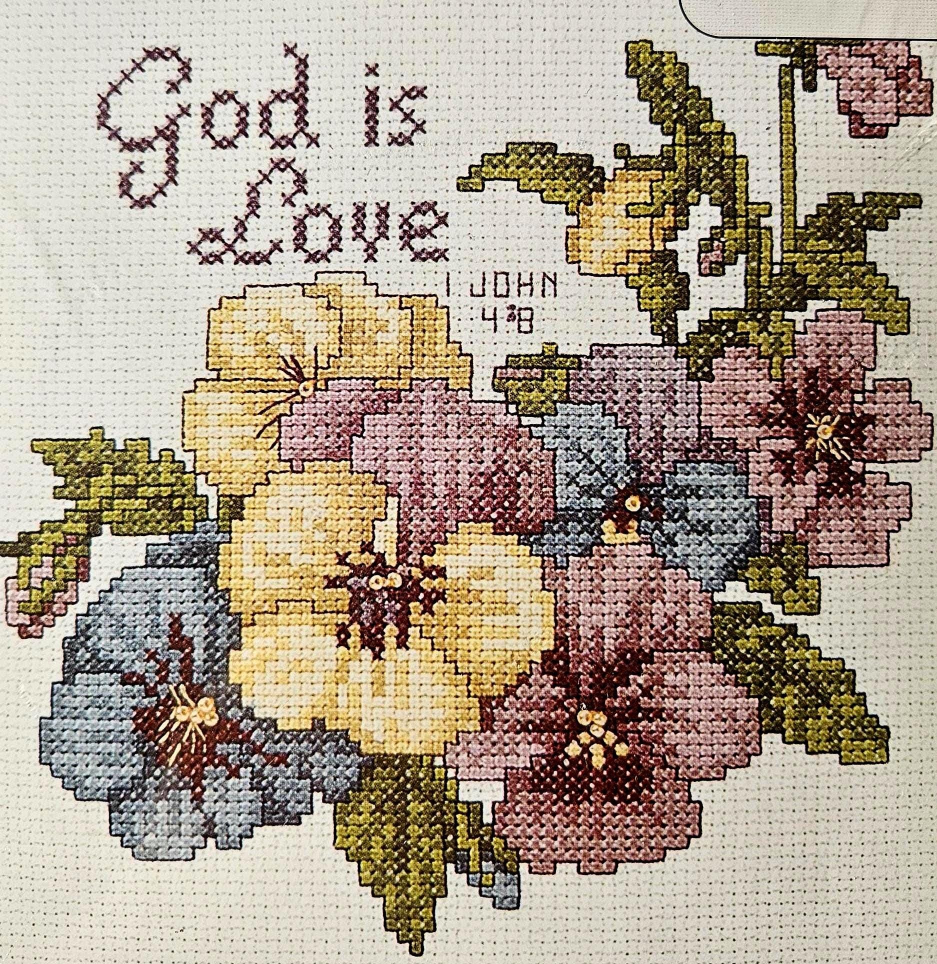 Kit - God is Love Cross Stitch Kit, Bible Verse and Pansies, Designs ...