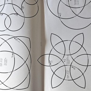 May include: Two open pages of a book featuring black line drawings of geometric patterns. The designs consist of circles, curved lines, and dotted lines, with arrows indicating direction. The designs are labelled with numbers and text.