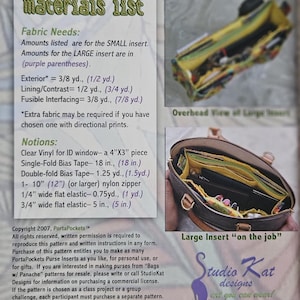 Pu&ograve; includere: Un modello di cucito per inserti per borse PortaPockets. L'immagine mostra un elenco dei materiali, una vista dall'alto di un inserto giallo e nero e un inserto grande in una borsa. Il modello include tessuto e nozioni.