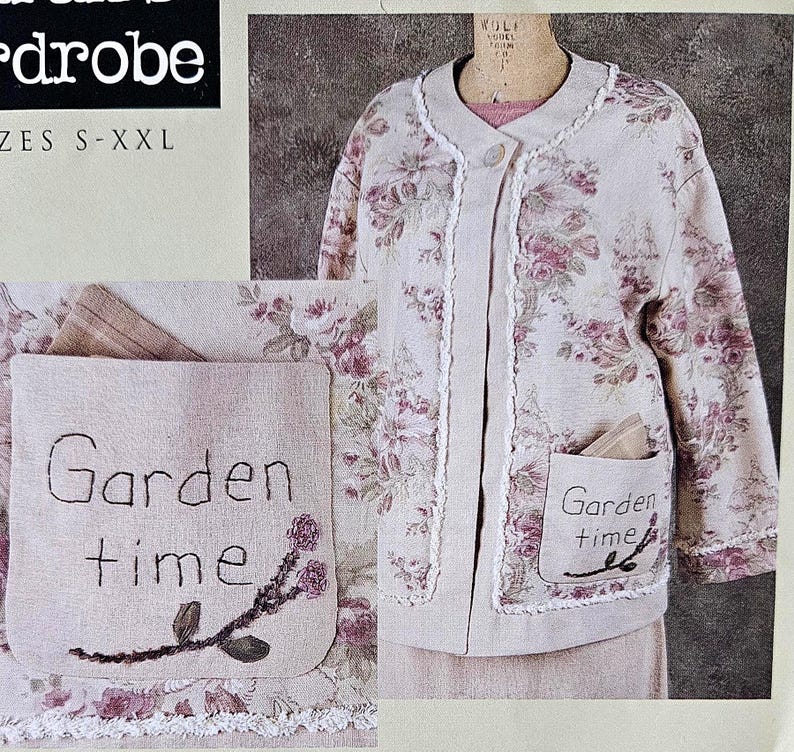 May include: A floral print jacket with a cream-colored base and pink and purple roses. The jacket has a white trim and two pockets with the embroidered text "Garden time". The sizes available are S-XXL.