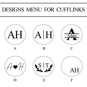 May include: Six different designs for cufflinks, each with a different design. The designs include initials, a heart, antlers, and a name.