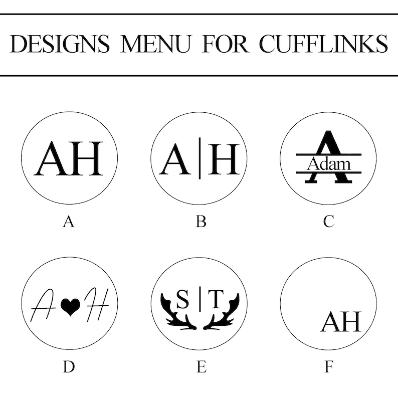 May include: Six different designs for cufflinks, each with a different design. The designs include initials, a heart, antlers, and a name.