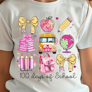 Fichier png 100 jours d'école pour sublimation et t-shirts DTF, noeuds de crayon coquette roses pngBébé, tendance, best-seller, dessin animé png, école png