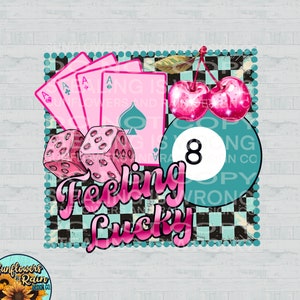 Feeling Lucky Türkis Rahmen PNG Digital Download, retro kariert,Acht Ball,Würfel,Karten,Western Design,Türkis, Sublimationsdesign, png