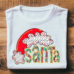 Santa hat with doodles letters  png design for sublimation or DTF Christmas shirts. Brushstroke alpha, glitter , Dalmatian dots print. Png