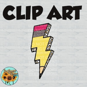 May include: A yellow lightning bolt with a black pencil tip, outlined in black. The lightning bolt is decorated with pink, black, and white stripes and a leopard print pattern. The text "CLIP ART" is at the top of the image.