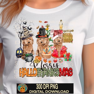 Merry  Hallothanksmas, Halloween Png, Christmas Png, Thanksgiving Png, Sublimation Design Downloads, golden doodle png. Dog mom. Dog breeds