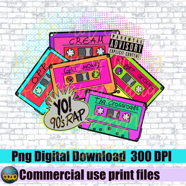 Yo ! 90s Rap . Retro cassette tape’s. Png design file for sublimation T-shirts. Digital download. 90s music. Hip hop. Sublimation prints.