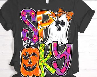 Fantasma y calabaza espeluznantes de estilo preppy PNG: Sublimación de Halloween (Descarga digital)