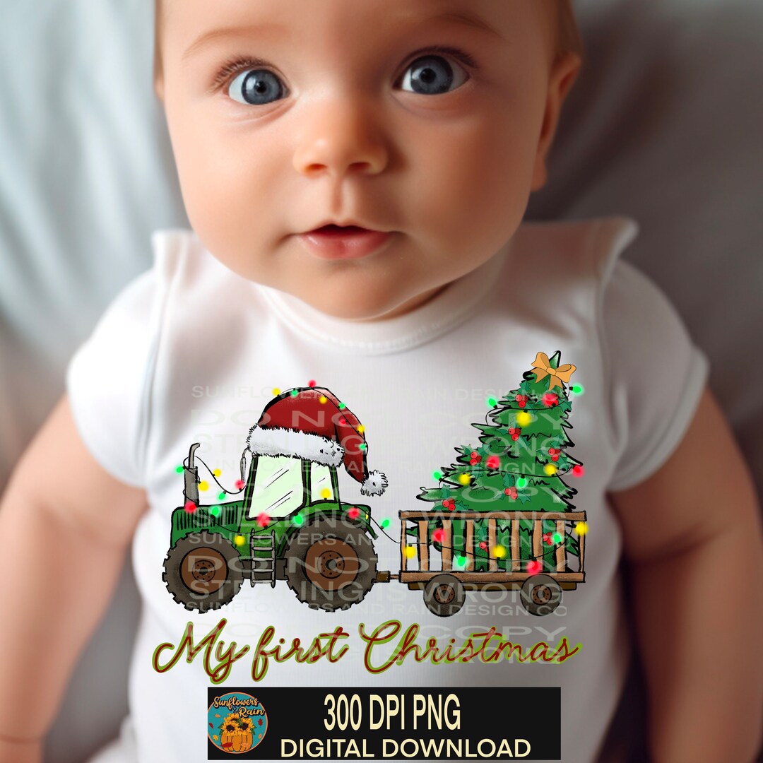 My First Christmas Png File for Sublimation Shirts. Green Tractor Png