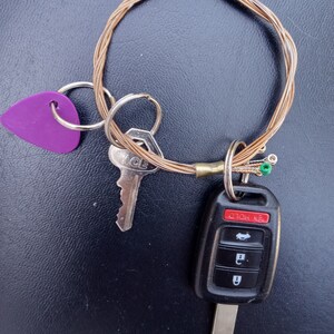 May include: A set of keys with a purple guitar pick attached to a brown guitar string keychain. The key fob has a red button with the text "Key" and three other buttons with symbols for unlock, lock, and trunk.
