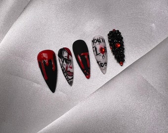 Scary Movie Nail Set | Full Press On Nail Set | Halloween Nails | Scary Nails | Sharp Nails | Bloody Nails