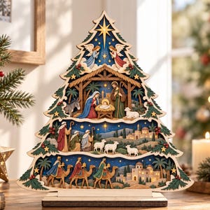 Könnte beinhalten: Eine mehrschichtige Weihnachtsbaumdekoration aus Holz mit einer Krippenszene. Die oberste Ebene zeigt die heilige Familie, die mittlere Ebene Hirten mit Schafen und die unterste Ebene die drei Weisen auf ihren Kamelen.