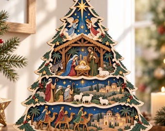 May include: A multi-layered wooden Christmas tree decoration featuring a nativity scene. The top tier shows the holy family, the middle tier depicts shepherds with sheep, and the bottom tier displays the three wise men travelling on camels.