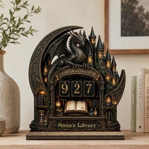 Può includere: Una scultura decorativa da tavolo raffigurante un drago scuro appollaiato su una struttura a castello con finestre illuminate. L'oggetto mostra il testo "BOOKS READ THIS YEAR", il numero "927" e l'iscrizione "Anna's Library" con un libro aperto.
