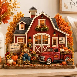 May include: A decorative tabletop display featuring a red barn with illuminated windows, a scarecrow, and a red pickup truck labeled Pumpkin Patch. The scene includes fall foliage, pumpkins, and signs reading Fall Blessings and The Smith's Family.