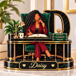 May include: A figurine of a person with dark curly hair wearing a maroon suit, seated in a green chair at a black marble desk with gold accents. The desk features a gold lamp, a white mug with a heart, and books labeled Strategy, Leadership, Wealth. A large letter D stands behind the chair, and a nameplate reads Daisy.