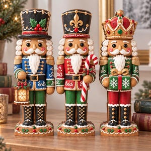 May include: Three decorative nutcracker figurines standing in a row. The left figure wears a blue uniform and holds a lantern. The center figure wears a red uniform and holds a candy cane. The right figure wears a green uniform and holds a gift.