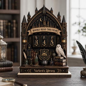 Op de afbeelding: Een donkerbruine, gotische houten boeken-tracker met de tekst "BOOKS READ THIS YEAR" boven drie draaibare cijferwieltjes die 3, 4 en 5 aangeven. De structuur bevat een witte uil, miniatuurboeken, een ketel en de tekst "Varlord's Library".