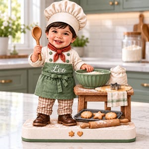 May include: A figurine of a toddler dressed as a chef in a cream hat, long-sleeve shirt, red neckerchief, and green apron with the name Leo embroidered in white. The figure stands on a base with a wooden stool, bowl, cookies, and rolling pin.