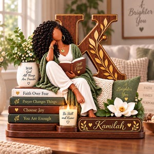 May include: A decorative display featuring a large wooden letter K, a figurine of a person reading a book titled Still I Rise, and a stack of books labelled Faith Over Fear, Prayer Changes Things, Choose Joy, and You Are Enough. Includes a candle.