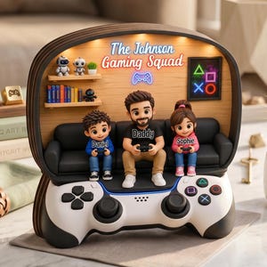 Può includere: Statuetta personalizzata di una squadra di gioco con una famiglia di tre persone sedute su un divano nero, con la scritta "The Johnson Gaming Squad". La statuetta è progettata come un controller di videogiochi, con una mensola che espone libri e piccole figure.