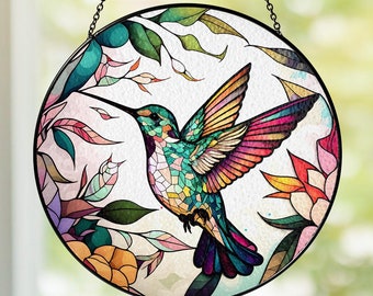 Hummingbirds Flowers Stained Glass Suncatcher Window Hanging Grandma Gift Nature Art Birds Light Catcher Wall Art, Gifts for Women Mom