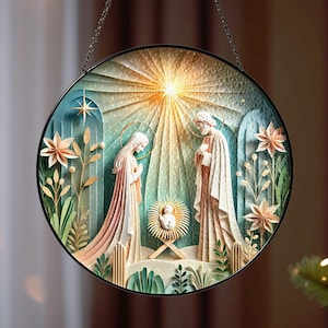 Dzieciątko Jezus Witraż Szopka Słoneczna Łapacz, Dekoracja Chrześcijańska, Narodziny Jezusa Chrystusa Religijny Wystrój Domu, Prezent Bożonarodzeniowy Dla Rodziny
