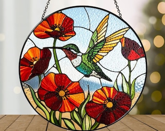 Hummingbird  Poppy Flower Stained Glass Suncatcher, Bird Glass Art, Hummingbird Window Hangings, Hummingbird Lover Gift